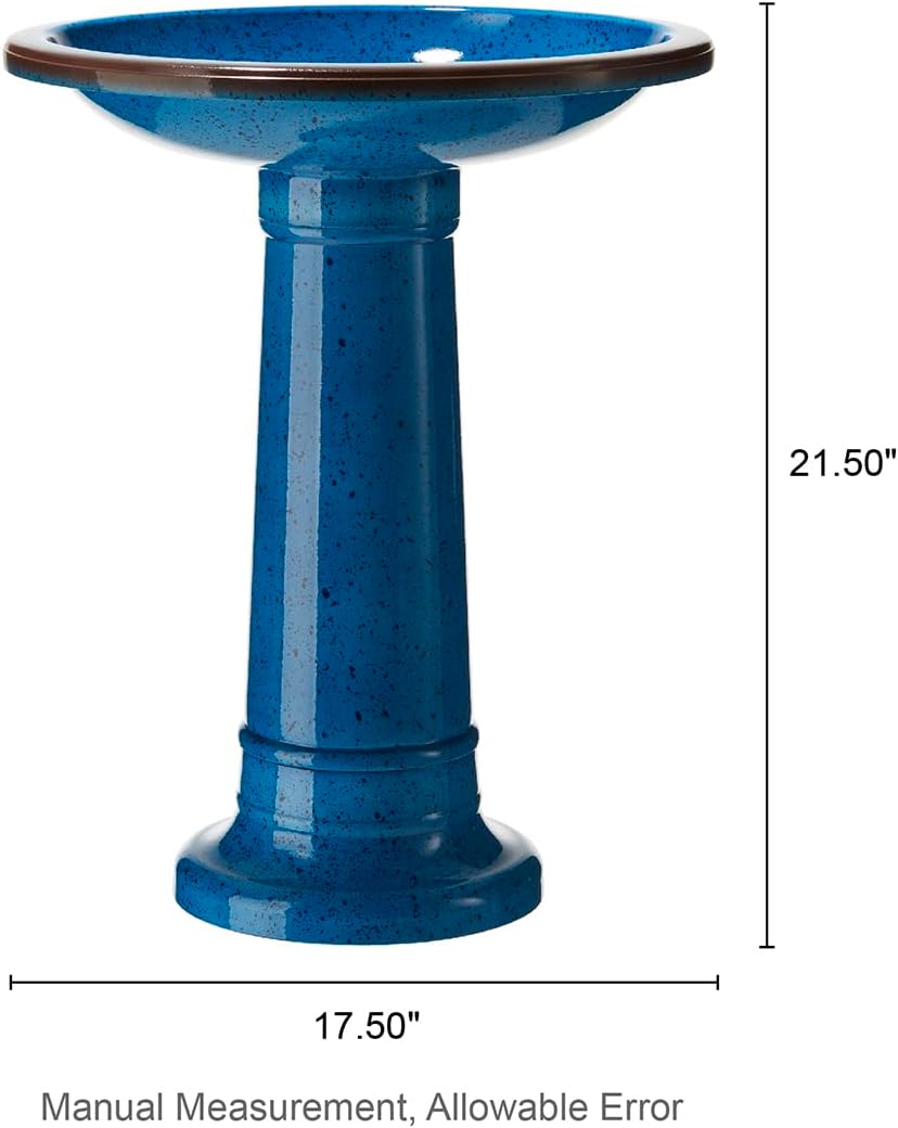 Glitzhome 21.5" H Plastic Cobalt Blue Faux Ceramic Bird Bath for Outside, Hand-Painted Tall Pedestal Style Birdbath for Outdoor Patio Garden Backyard Decking