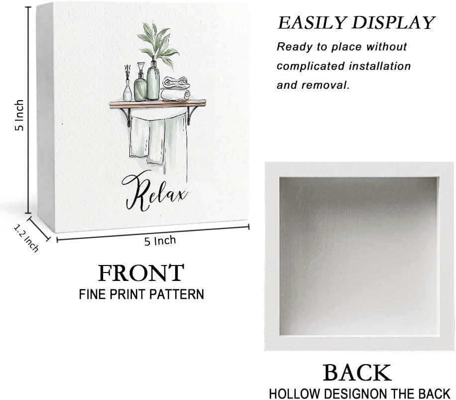 Relax Funny Bathroom Wooden Box Sign, Eucalyptus Botanical Wood Signs for Restroom Bathroom Toilet Half Bath Shelf Counter Decor, 5x5 Inch