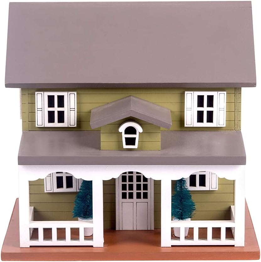 Decorative Wooden Birdhouse for Outdoor Hanging – Handcrafted Miniature Cottage Style with Blue Roof, Front Porch, and Balcony – Garden or Backyard Décor for Wild Birds (Mossy Green Victorian)