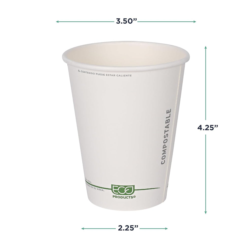 ECO PRODUCTS Compostable Disposable GreenStripe 12oz Coffee Cups, Pack of 50, White Single Wall Hot Paper Cup, Plant Based PLA Lining, Biodegradable