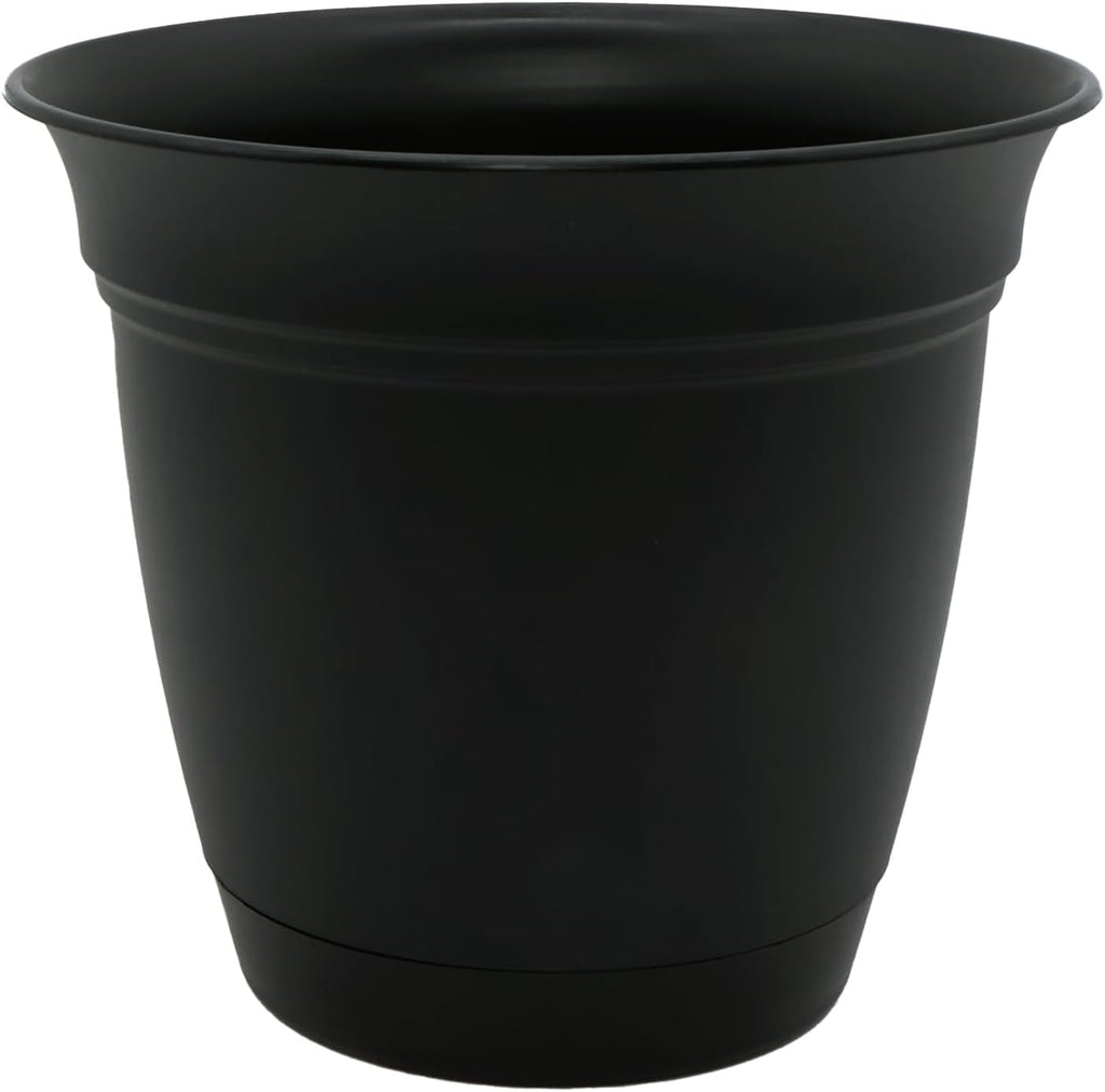 The HC Companies Eclipse Round Planter with Saucer - Outdoor & Indoor Plant Pot with Drainage Holes - Lightweight, UV-Resistant Plastic Pots for Plants, Flowers & Herbs (10" Black, Pack of 1)