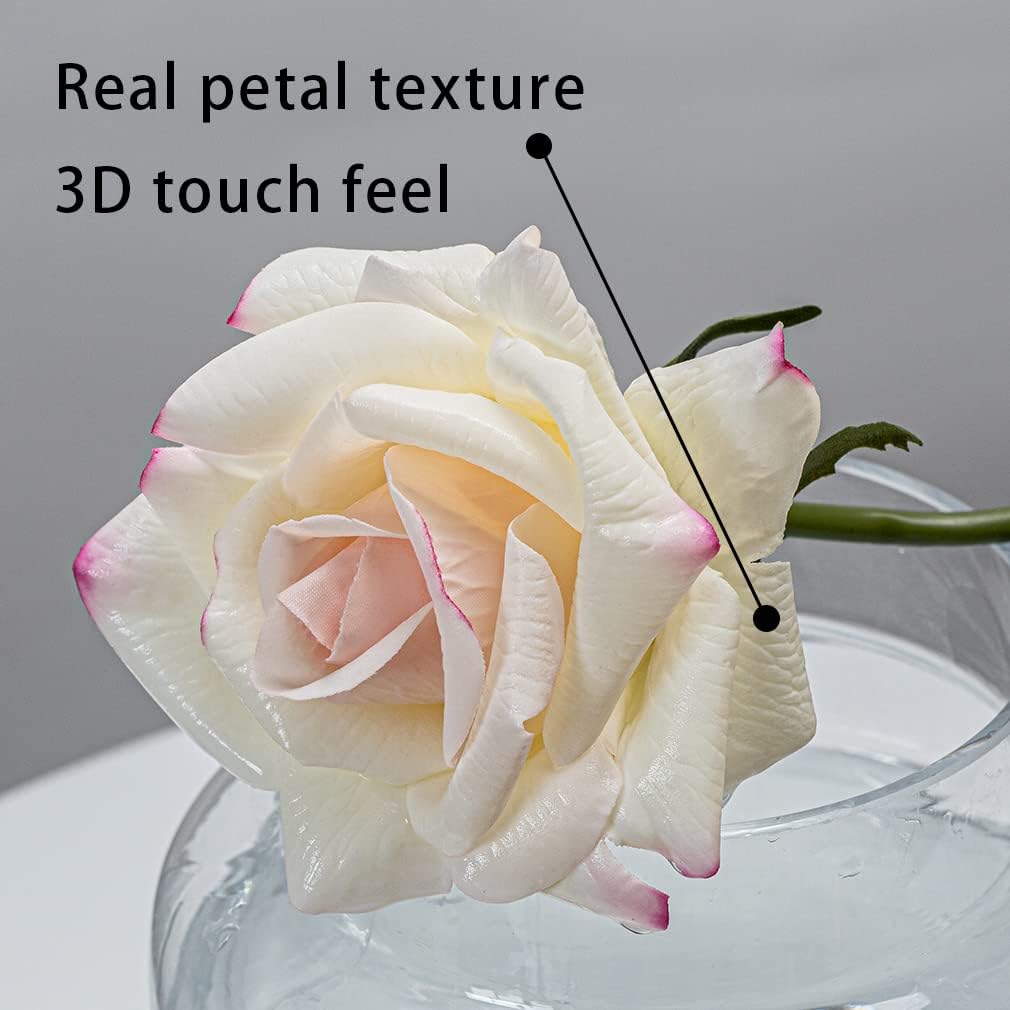 Artificial Roses Single Stem 10pcs Fake Silk Flower Arrangement Bouquet Real Touch for Home Party Wedding Decoration(White)