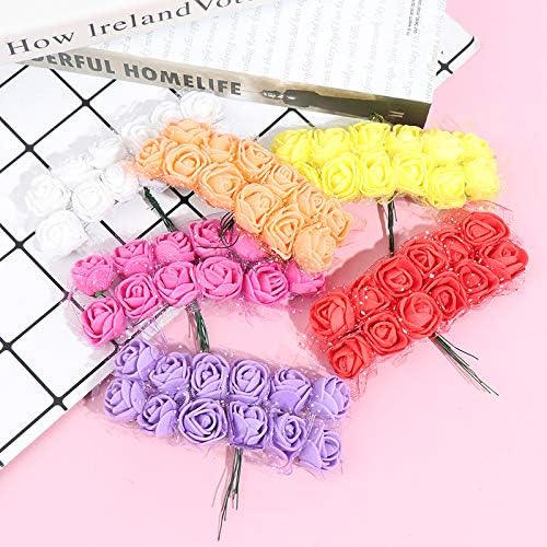 Foam Rose Fake Flowers for Crafts 144 pcs 2 cm Mini Wreaths Artificial Flower Bouquet Multicolor Rose Flower Wedding Scrapbooking Decoration Rose Fake Flower(Yellow)