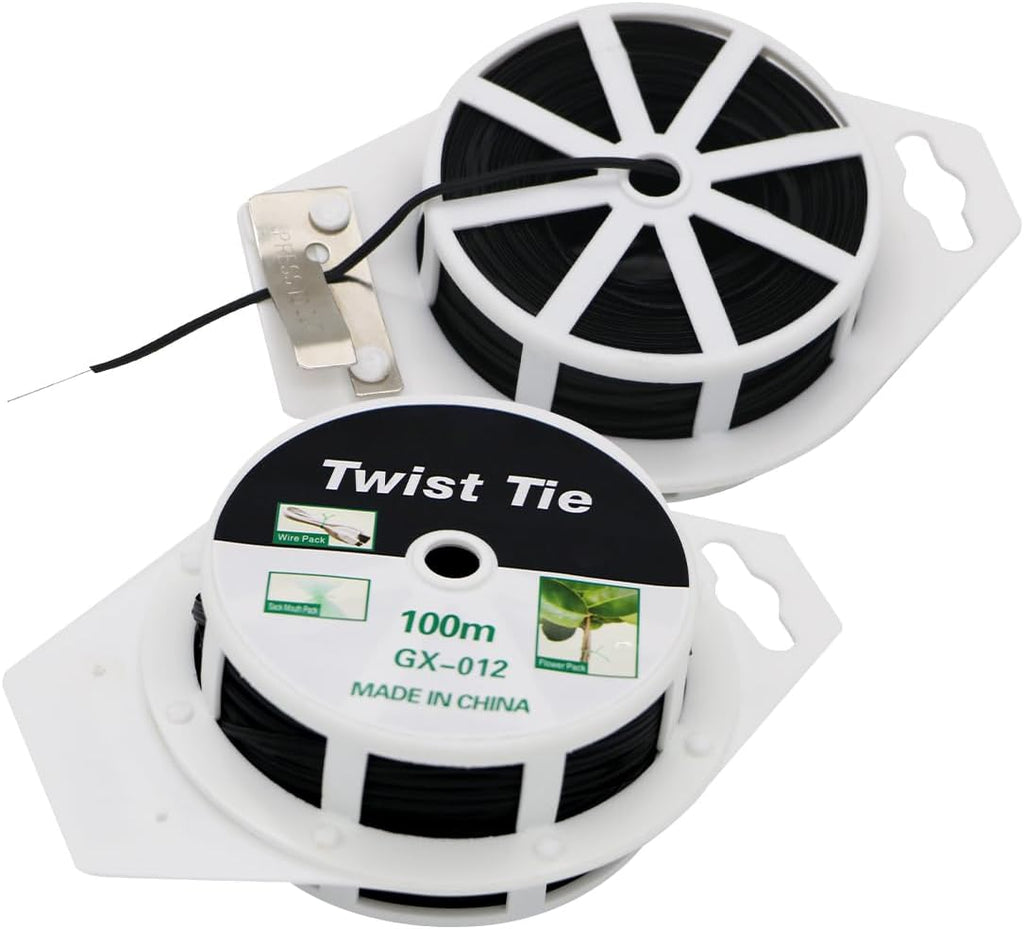 (2 Reels) Garden Wire, Twist Ties Heavy Duty with Cutter 328 Ft Multi-Function Black Coated Tape to Support Plant Tie Up Bags for Home Office Black(328 Feet / 100 m)
