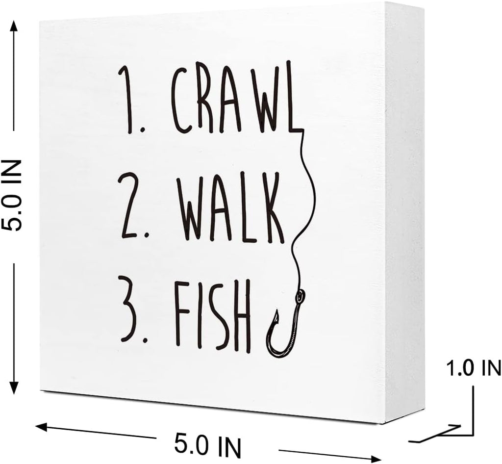 Crawl Walk Fish Rustic Wooden Sign Desk Decor,Funny Baby Fishing Wood Block Sign Desk Decorations for Home Bedroom Baby Room Desk Shelf Table Decor