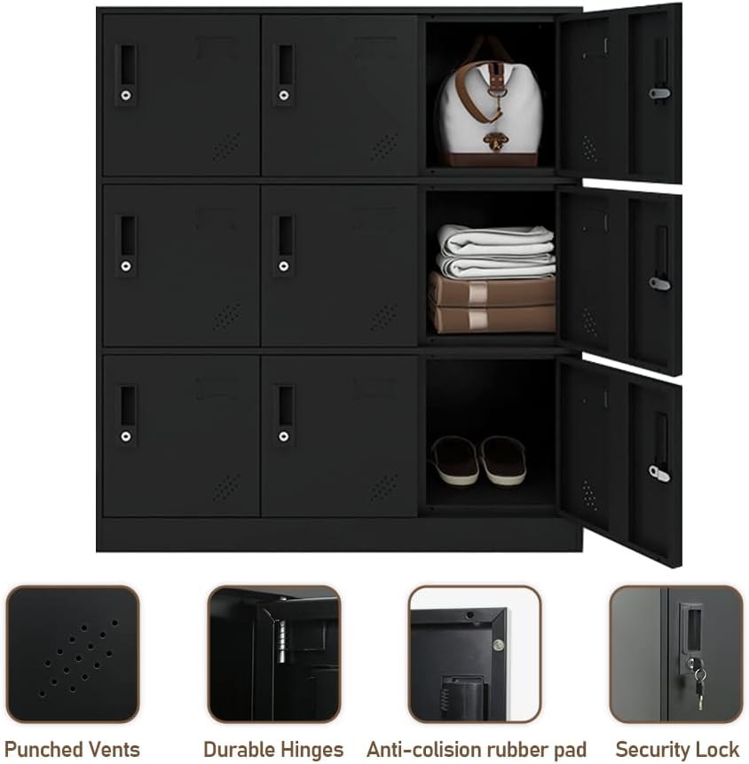 9 Door Metal Storage Locker Cabinet for Office, Home, Gym, School, Steel Cabinet to Storage File, Toys, Shoes and Sports Equipment, Locker Organizer for Gym Office Bedroom (9 Door, Black)