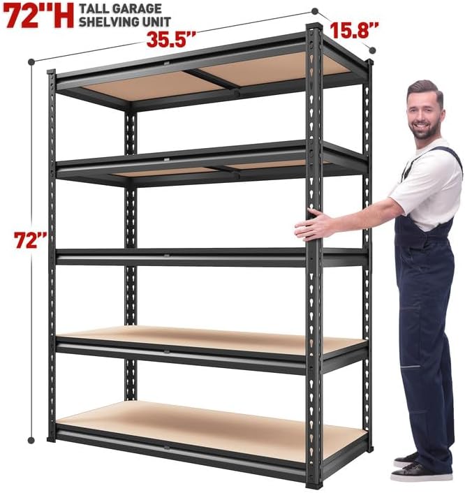 REIBII 2000LBS Garage Shelving Heavy Duty Storage Shelves 72" H Metal Shelving for Garage Shelves Adjustable 5 Tier Metal Shelf for Pantry Closet Kitchen Basement 35.5" W x 72" H x 15.8" D