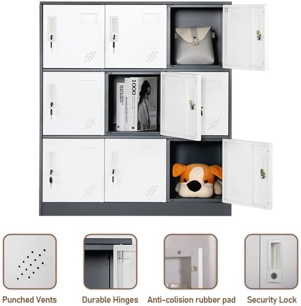 9 Door Metal Storage Locker Cabinet for Office, Home, Gym, School, Steel Cabinet to Storage File, Toys, Shoes and Sports Equipment, Locker Organizer for Gym Office Bedroom (9 Door, Grey)