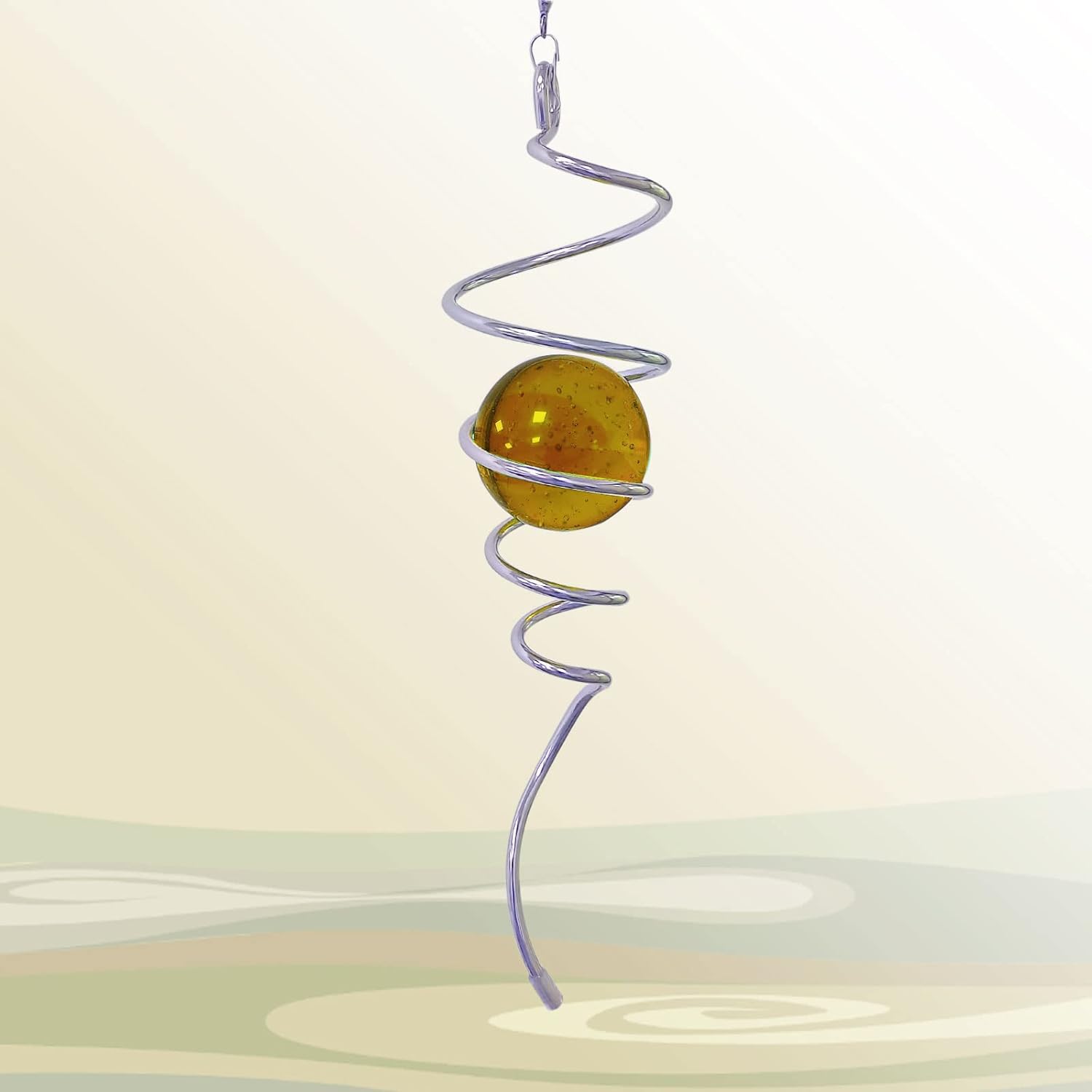 Gazing Ball Spiral Decorative Tail Wind Spinner Sun Catcher 11inch Tail and 2 inch Glass Orb. Wind Spinner Stabilizer Indoor Outdoor Garden Decoration -13 inch Height(Gold)