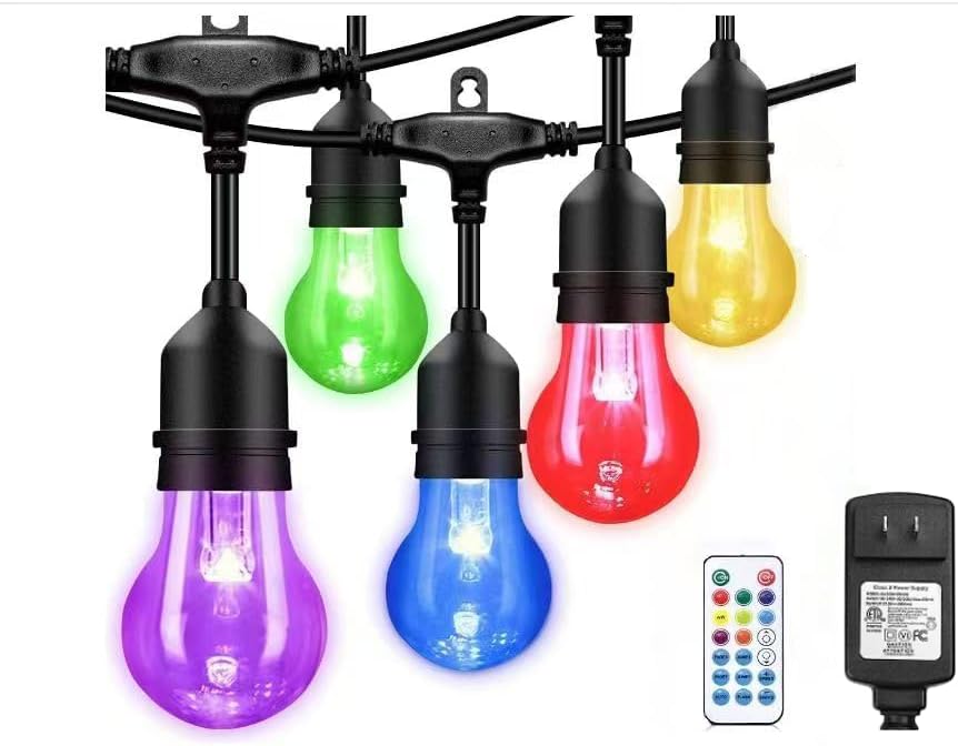 Auroraworld Outdoor Patio Lights Color Changing, 35FT RGB LED String Lights with E26 Shatterproof Edison Bulbs, Dimmable Patio String Lights for Bistro Backyard Garden, 1 Remote Controllers