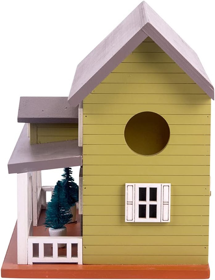 Decorative Wooden Birdhouse for Outdoor Hanging – Handcrafted Miniature Cottage Style with Blue Roof, Front Porch, and Balcony – Garden or Backyard Décor for Wild Birds (Mossy Green Victorian)