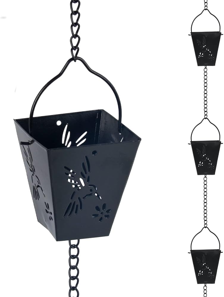 10.92 FT Black Rain Chain, Square Rain Chain for Outside with 12 Cups Adjustable Metal Chain Rain Catcher Chain for Gutters, Eaves, Drainage, Replacement for Downpout