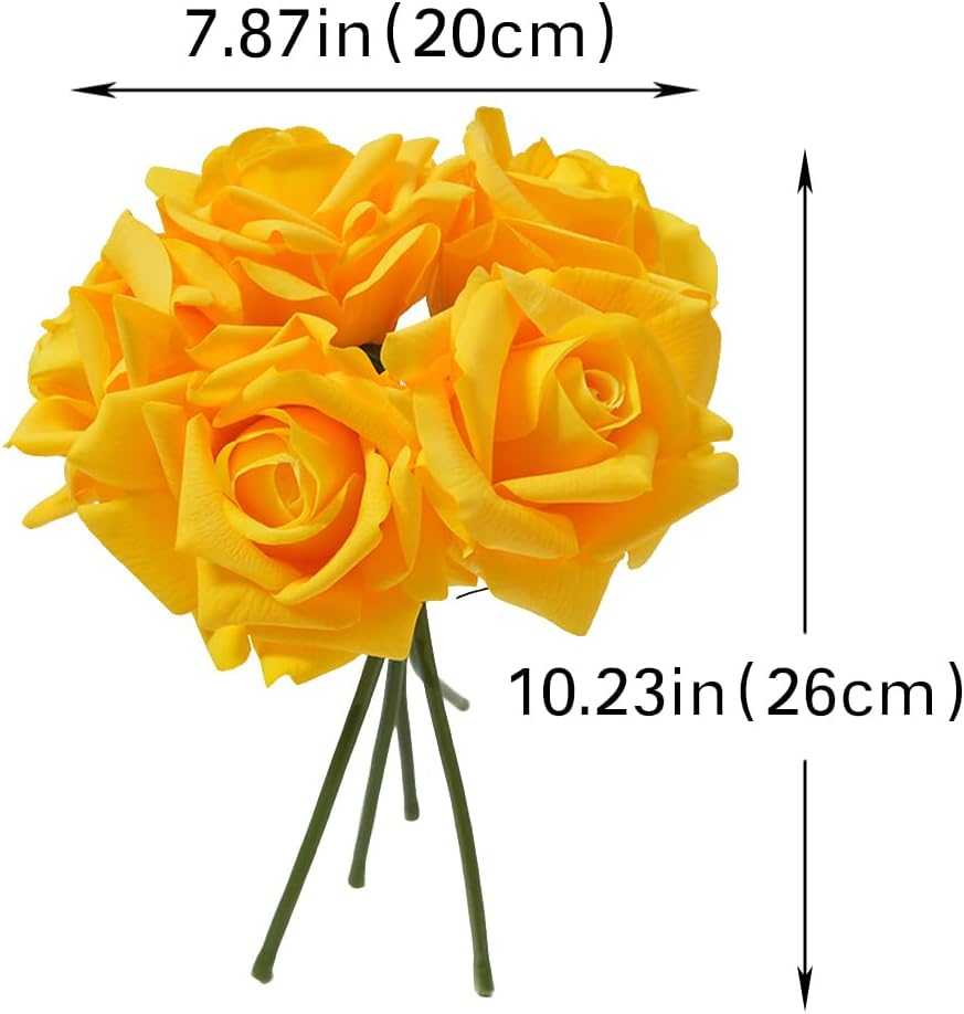 Artificial Roses Single Stem 10pcs Fake Silk Flower Arrangement Bouquet Real Touch for Home Party Wedding Decoration(Orange Yellow)