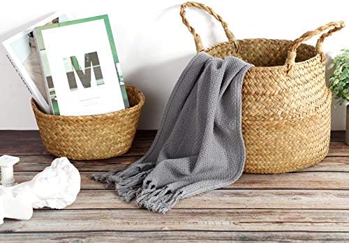 Patelai 3 Set Seagrass Belly Storage Basket Woven Plant Pot Holder with Handles for Plants Picnic Grocery Laundry(Natural Color)