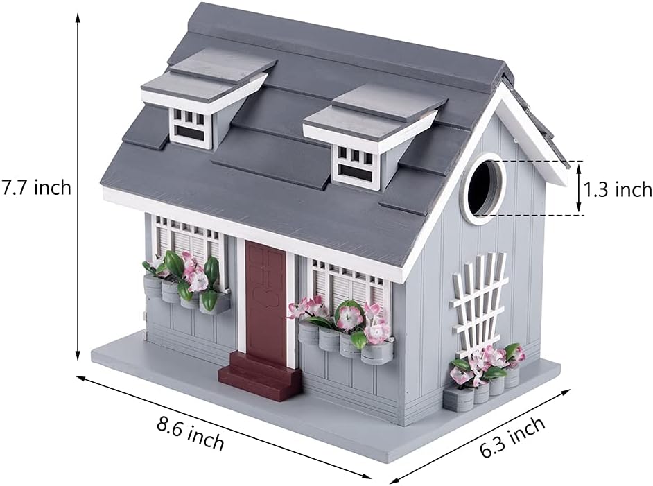 Decorative Wooden Birdhouse for Outdoor Hanging – Handcrafted Miniature Cottage Style with Blue Roof, Front Porch, and Balcony – Garden or Backyard Décor for Wild Birds (Beach House)