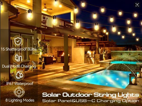 Honche Solar Lights Outdoor Waterproof LED IP66 with 15 Edison Bulb Warm White String Lights Patio Lights Decorate for Christmas Camping Wedding Birthday Backyard Gazebo Party