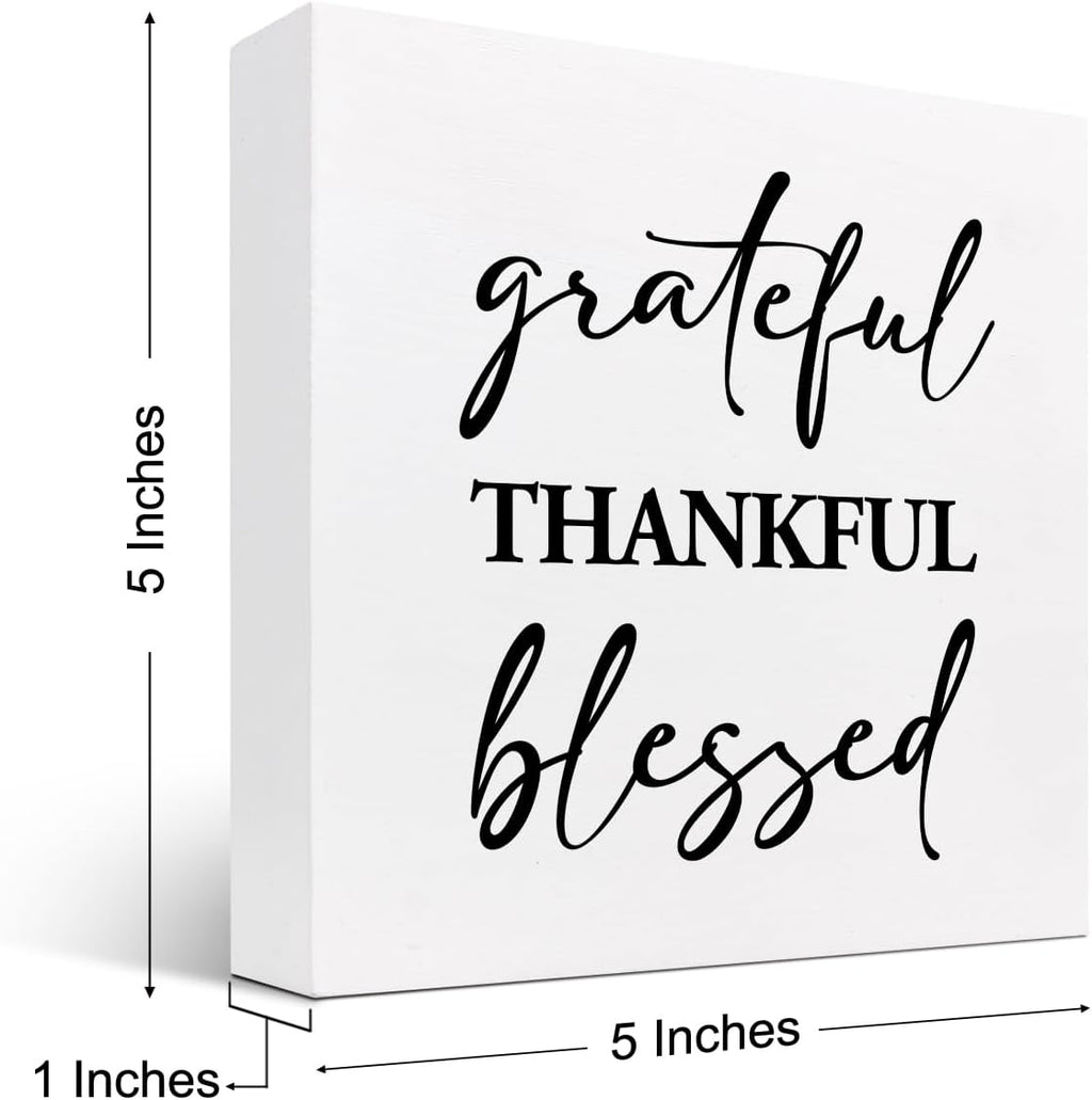 Grateful Thankful Blessed Motivational Wood Box Sign,Inspirational Wooden Block Sign for Home Bedroom Farmhouse Wall Shelf Table Decor
