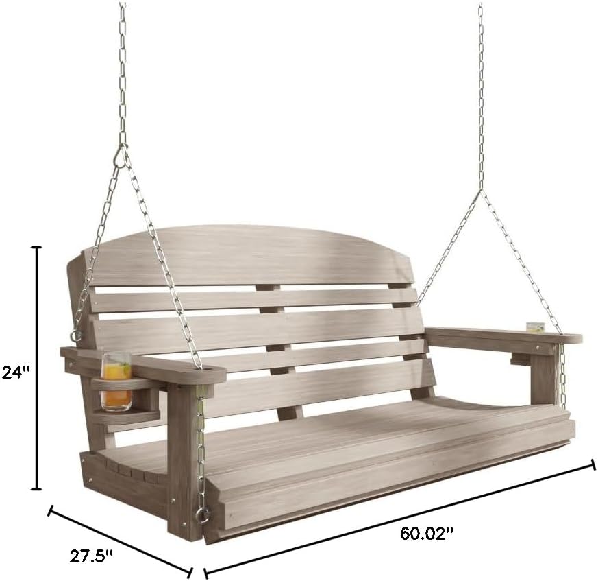 Classic Recycled Plastic Porch Swing in Weatherwood Finish - Composite Poly Swing with Included Hanging Chains