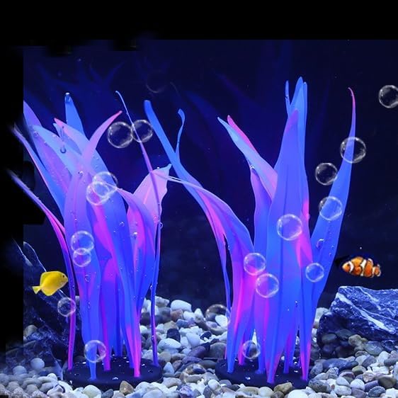 2Pcs Soft Silicone Aquarium Plants Glowing Kelp Fish Tank Plants Decor Artificial Aquarium Plant Decoration Simulation Artificial Water Grass for Fish Tank,Blue,7inch