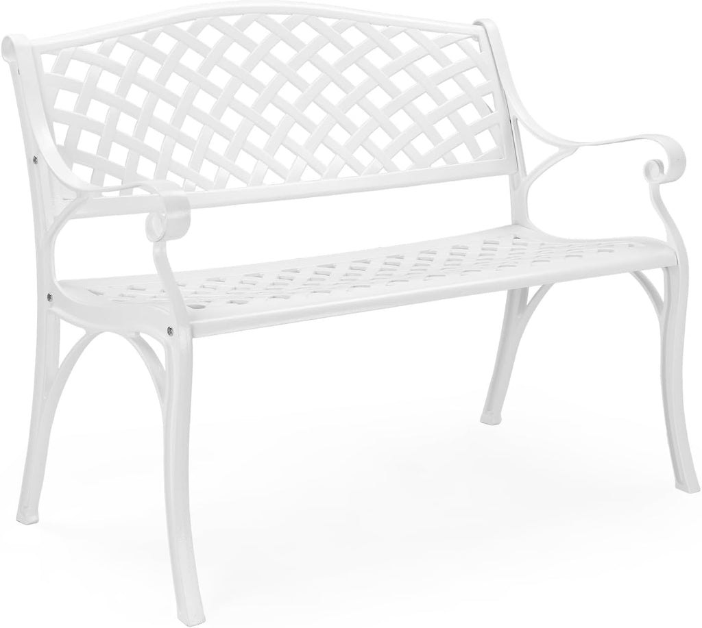 VINGLI 40.5" Patio Garden Bench,Anti- Rust Cast Iron Cast Aluminum Frame for Outdoor Path Yard Lawn Work Entryway Decor Deck (White)