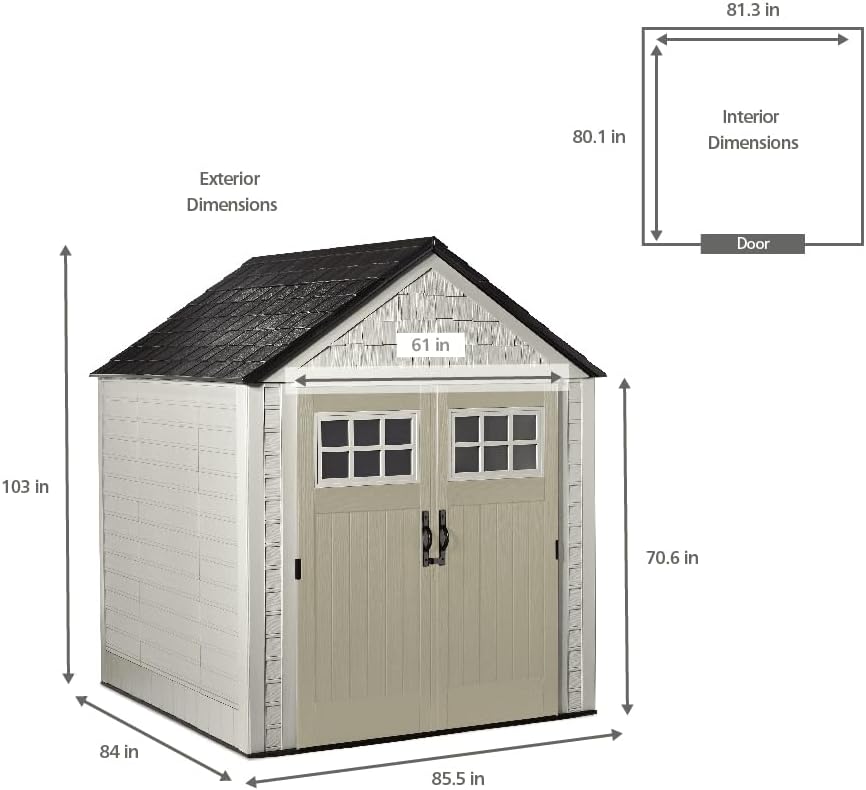 Rubbermaid 7 Foot by 7 Foot Weatherproof Outdoor Storage Shed for Garden Tools and Lawn Machinery Organization with Lockable Double Door Sandstone