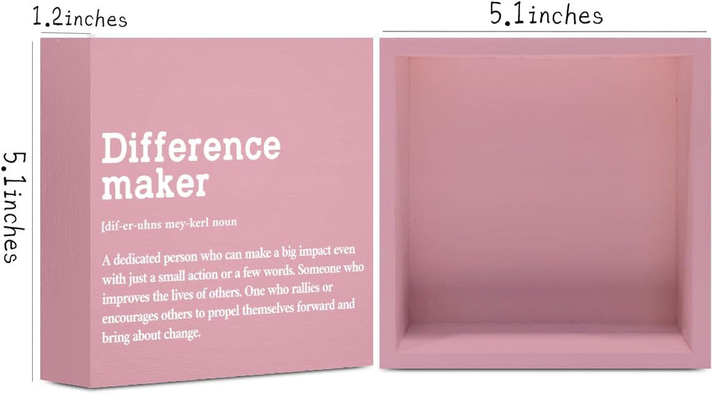 Difference Maker Definition Home Office Decor Wooden Box Sign, Motivational Retirement Thank You Gifts for Women Teacher Boss Lady Mom Coworker Farmhouse Desk Decor Table Shelf Wall Display, Pink