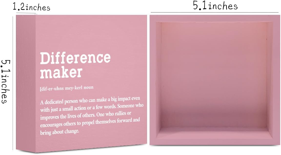 Difference Maker Definition Home Office Decor Wooden Box Sign, Motivational Retirement Thank You Gifts for Women Teacher Boss Lady Mom Coworker Farmhouse Desk Decor Table Shelf Wall Display, Pink