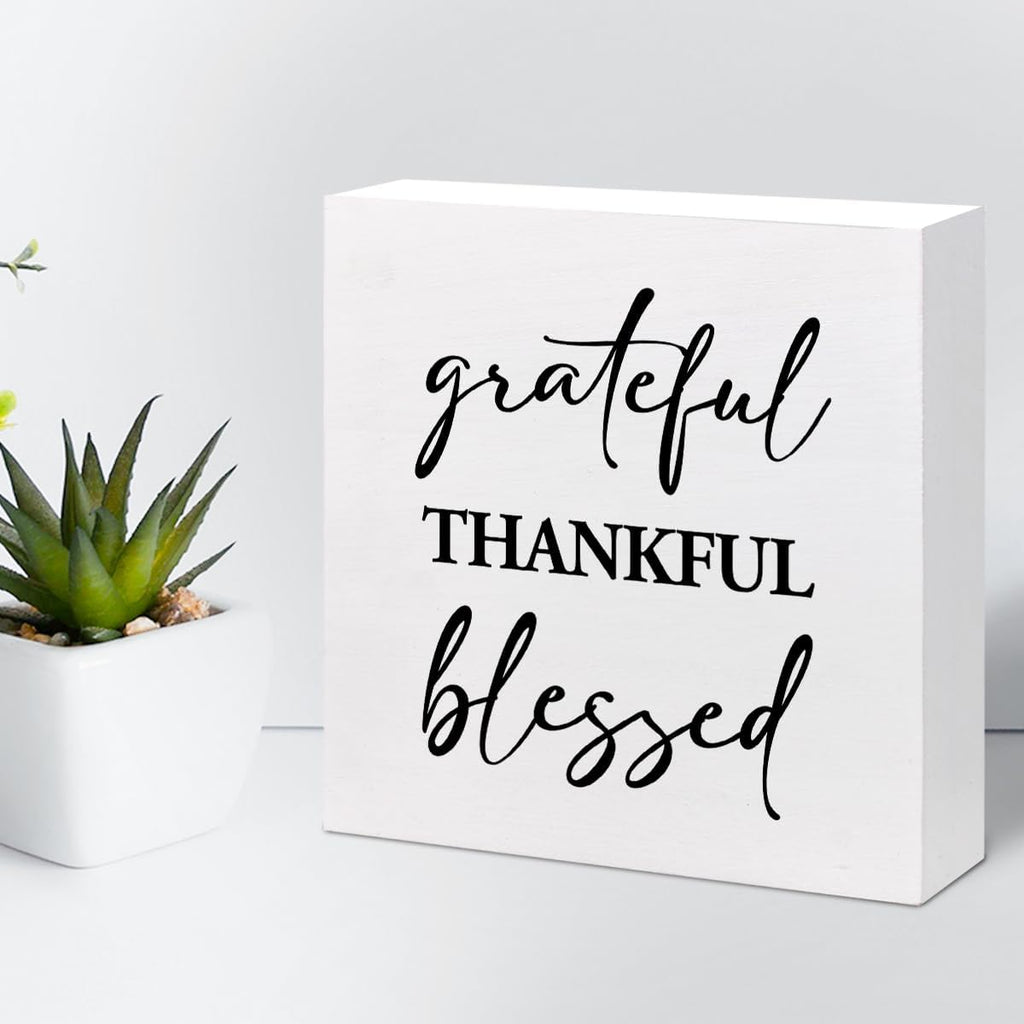 Grateful Thankful Blessed Motivational Wood Box Sign,Inspirational Wooden Block Sign for Home Bedroom Farmhouse Wall Shelf Table Decor