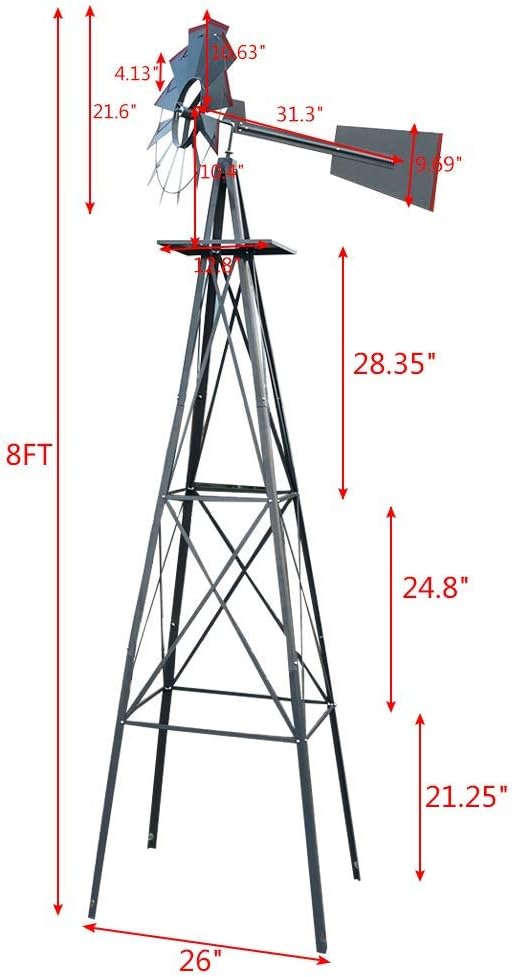 8FT Windmill for Yard Garden Decoration with Weather Vanes，Heavy Duty Outdoor Wind Mills, Large Metal Outdoor Windmill,Weather Resistant,Gray