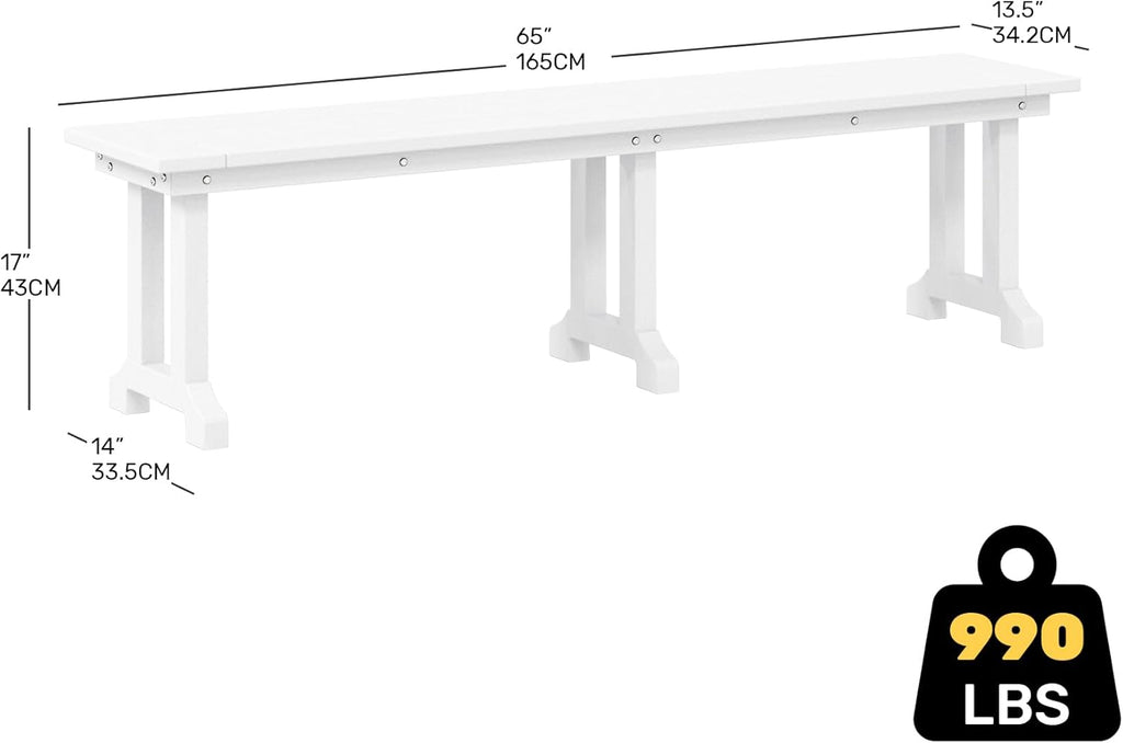 Outdoor Benches Weatherproof, Park Long Bench Poly Lumber Backless for Entryway Front Porch Garden Bench Seat for Patio, White