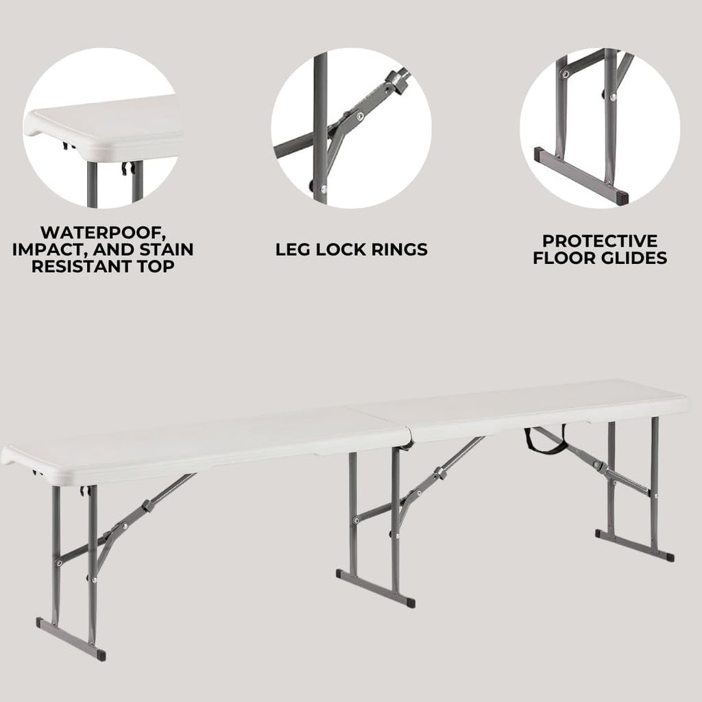 Plastic Folding Bench - Portable Bench Used for Indoor, Outdoor, Picnic, Party, Camping, Dining Seat, Garden Soccer Multipurpose Entertaining Activities, White (2, White, 6 Feet)
