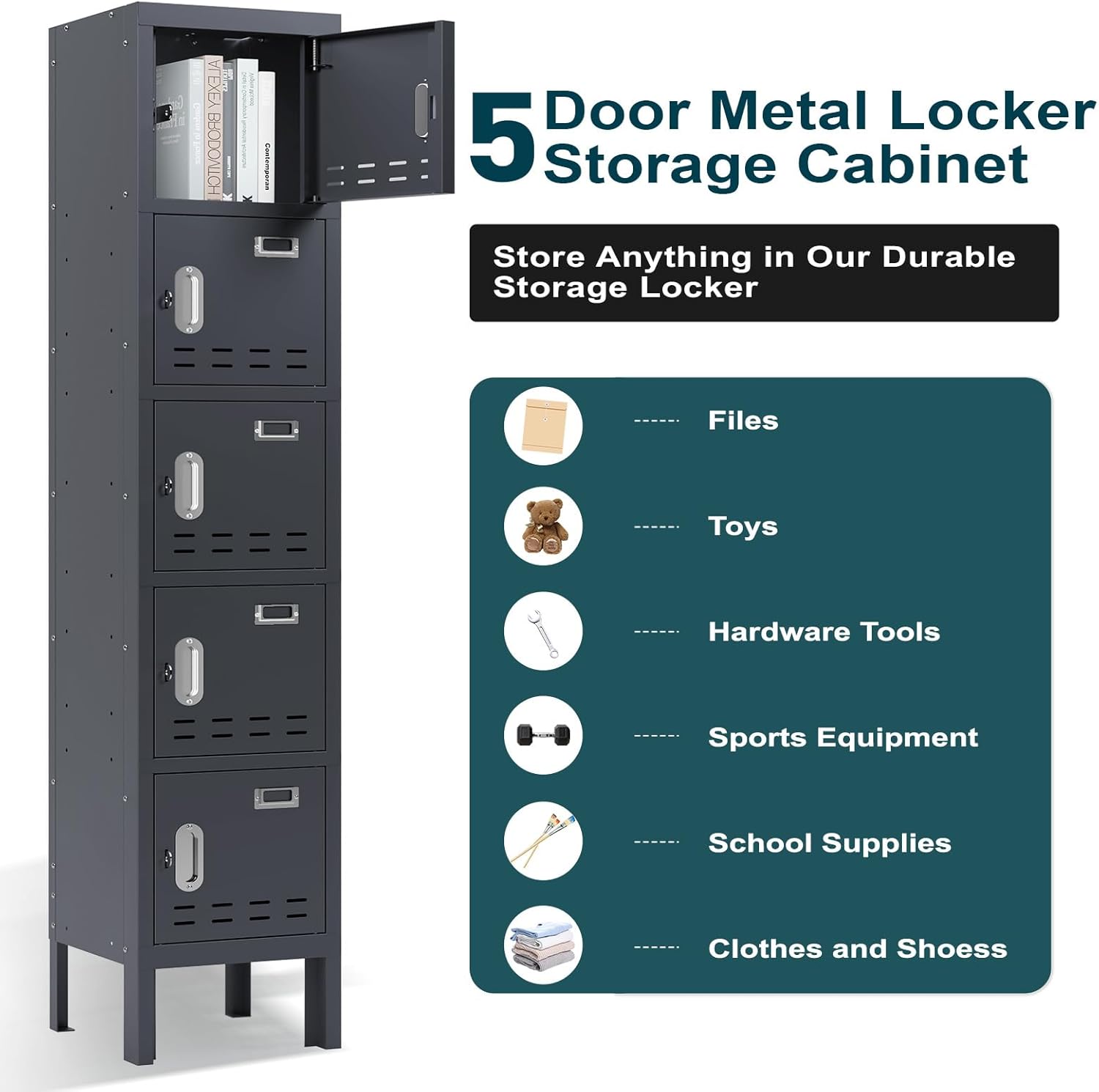 Metal Lockers - 66" Height Steel Lockers for Employees with 5 Door Storage Locker with Card Slot for Employees Gym School Home Office Garage - Assembly Required