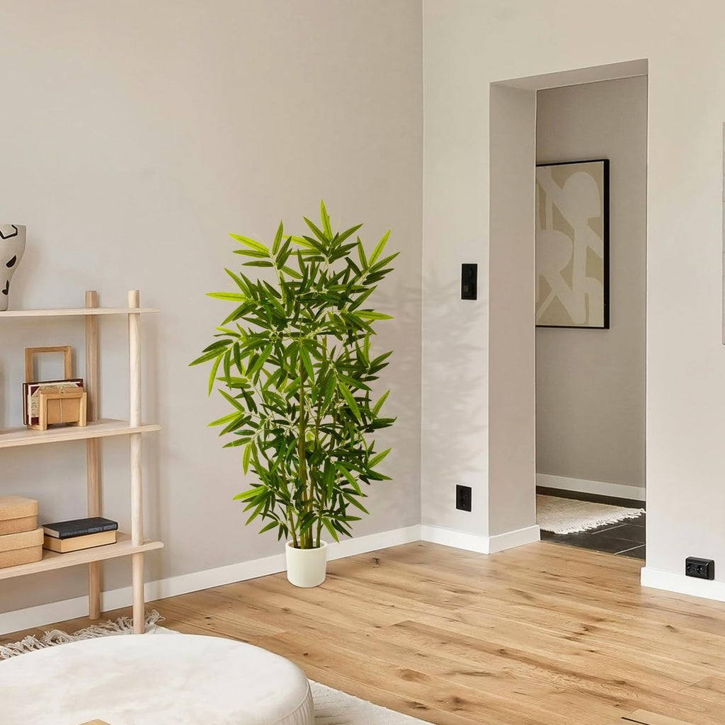 Artificial Bamboo Tree, 5ft Tall Fake Bamboo Plant with White Planter, Faux Trees with 5 Trunks and Lifelike Leaves for Indoor Outdoor Home Office Décor