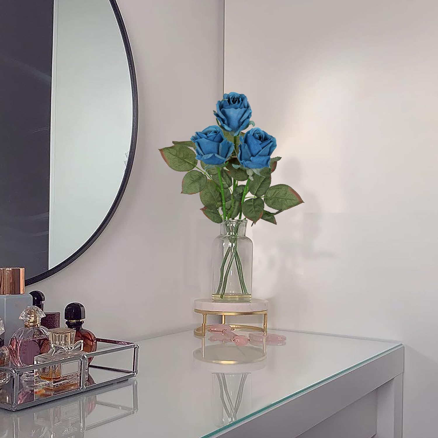 Artificial Realistic Roses Blue Flowers 24" Real Touch Silk Roses Bouquet Long Stems Rose Fake Roses Decor for Home Party Wedding Table Centerpieces Roses Realistic - 5 Pcs