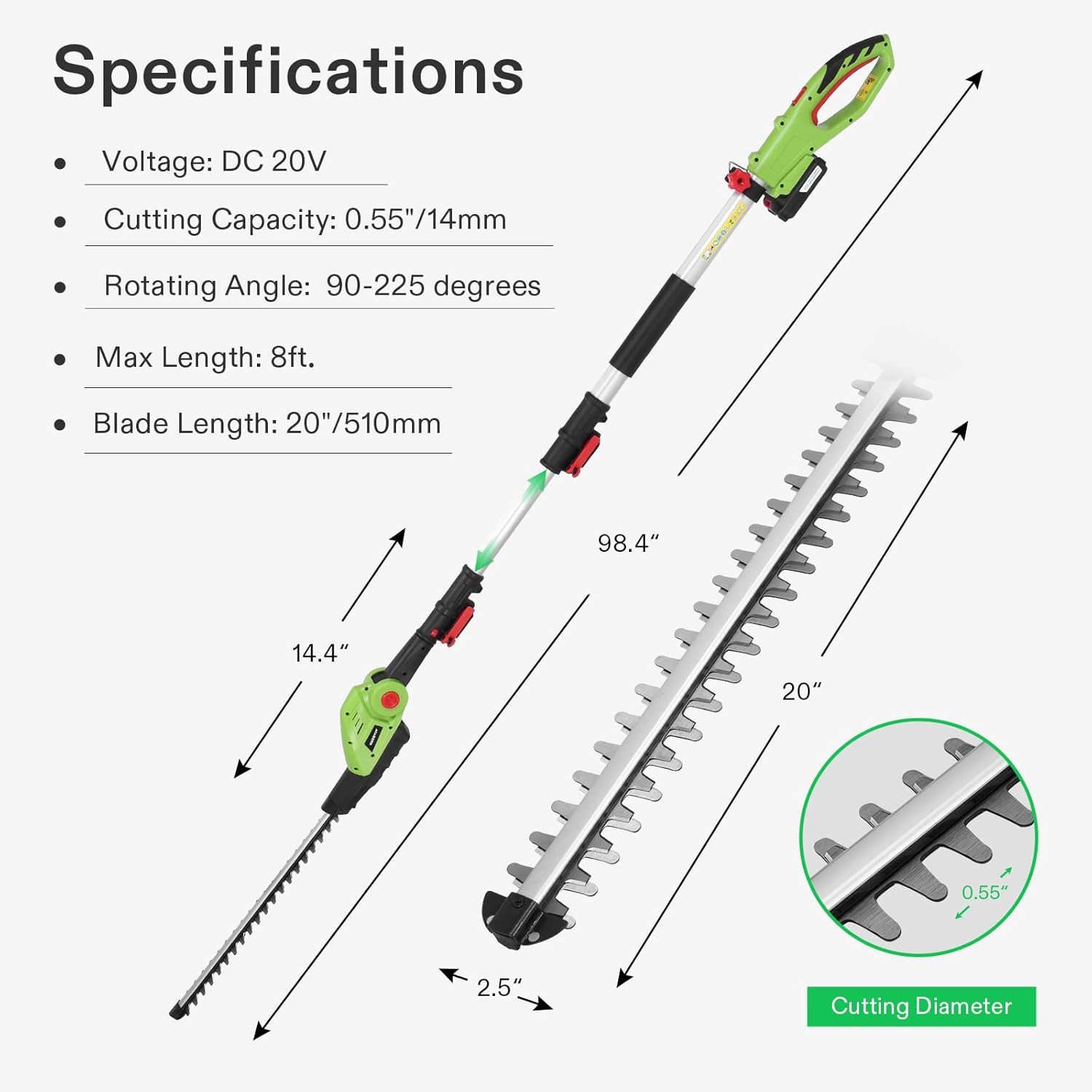 VIVOSUN 20" Cordless Pole Hedge Trimmer, 20V Electric Bush Trimmer with 20” Dual-Action Laser Blade, Adjustable Cutting Head, 0.55" Cutting Capacity, 2.0AH Battery and Fast Charger Included