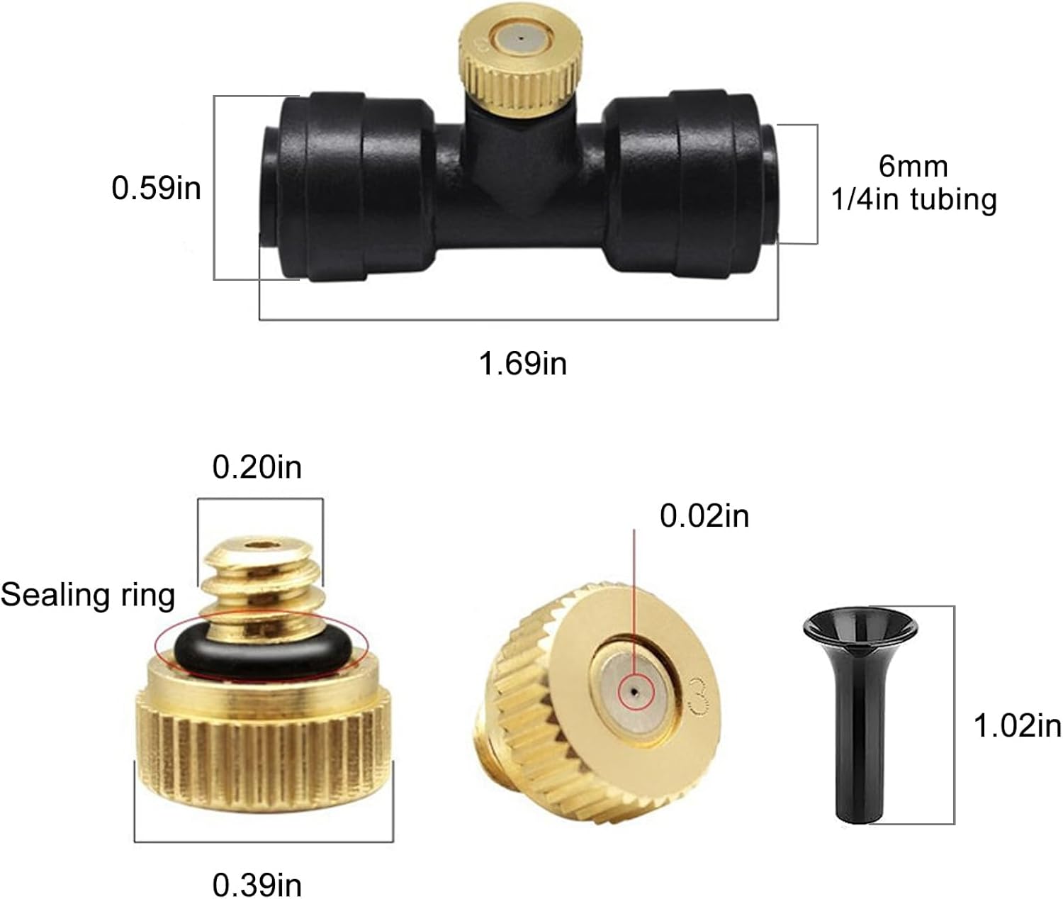 Brass & Black Misting Nozzles Kit - 20pcs Mister Nozzles & Tees with 2pcs Plugs for 1/4" Tubing and Outdoor Patio System