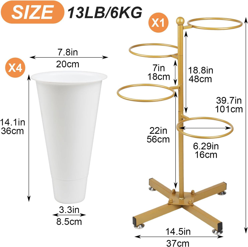 Flower Display Stand with 4 Bucket,Floral Stand with Foldable Frame for Silk Fresh Flowers,4 Tier Florist Shelf Plant Cart for flower shop Garden Living Room,Easy to Install (Gold Shelf+ White Bucket)
