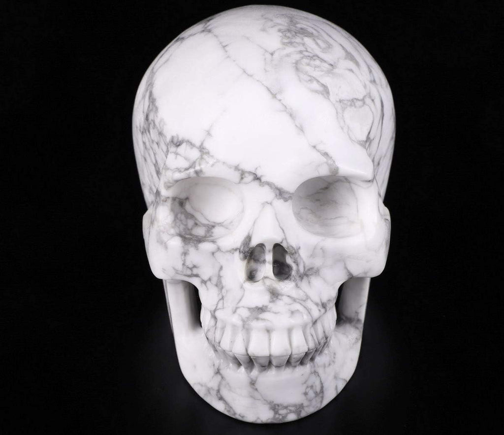 Skullis 5.0" Howlite Crystal Skull, Hand Carved Gemstone Fine Art Sculpture, Reiki Healing Stone Statue.