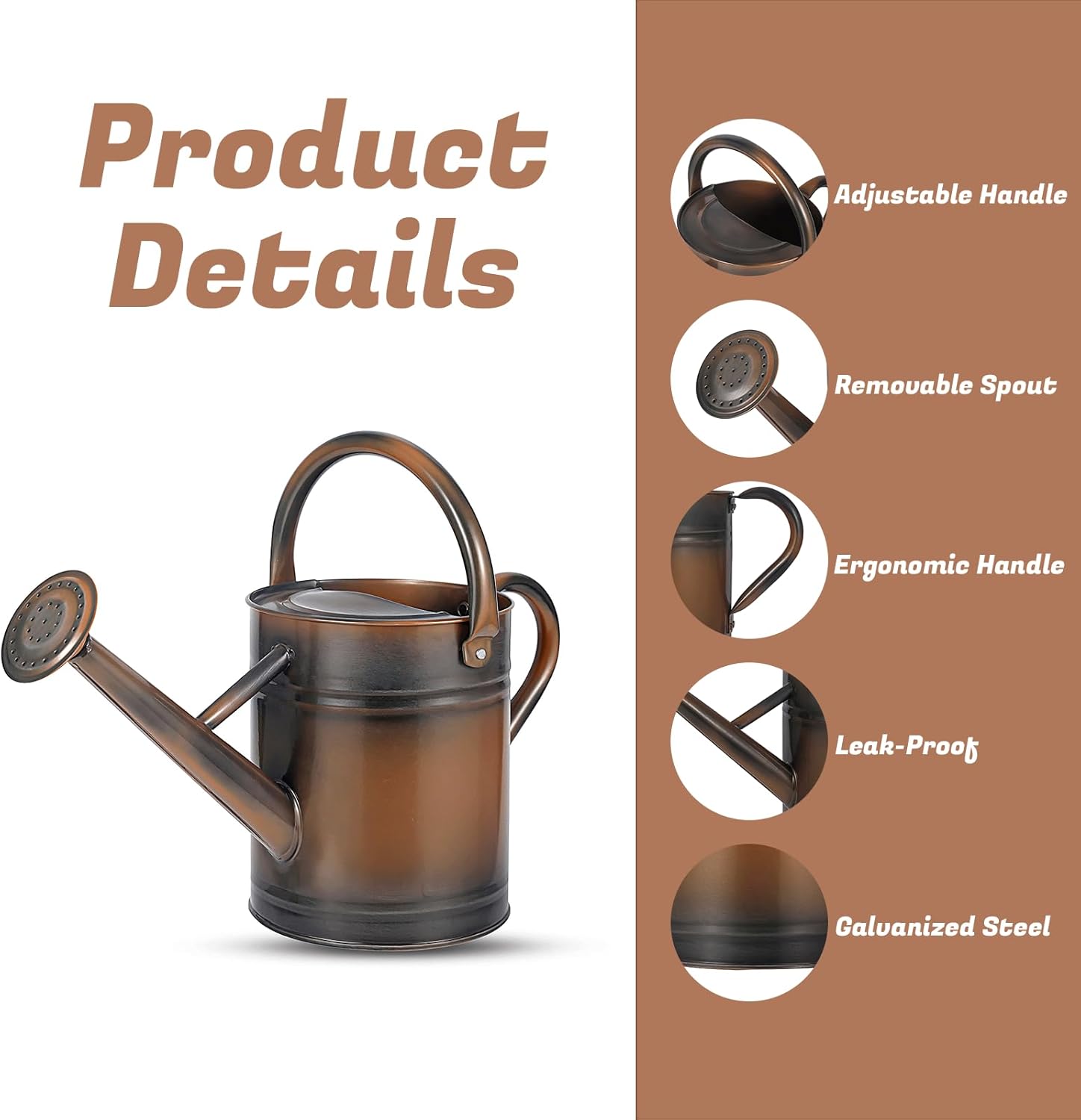 1 Gallon Watering Can for Plants, Watering Cans for Indoor&Outdoor Gardening, Galvanized Steel Watering Pot with Removable Spout, Metal Water Can with Ergonomic Movable Handle(Copper)