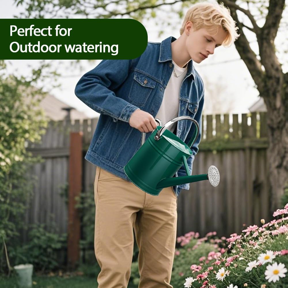Metal Watering Can for Outdoor and Indoor Plants, Watering Can Decor, 1 Gallon (Green Stainless Steel Handle)
