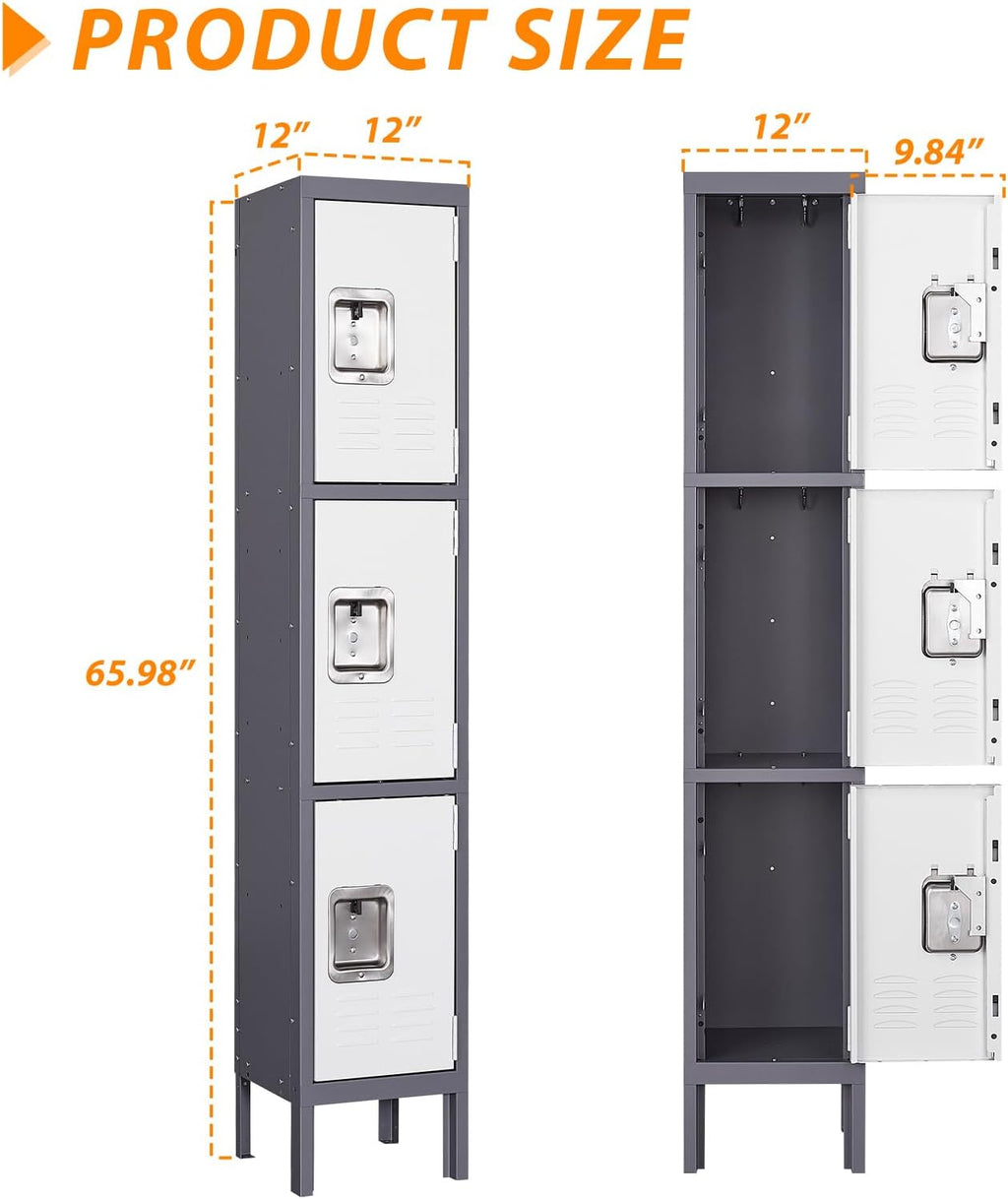 Metal Locker for School Home Office Gym, Steel Storage Lockers for Employees Students, 3 Tier Metal Storage Locker Cabinet with 3 Doors (Grey White)