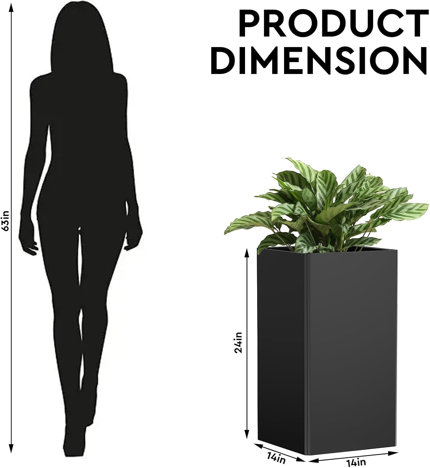 24" Tall Planter for Outdoor Plants, Modern Large Outdoor Galvanized Steel Flower Pots, Front Porch Decor, Garden Pots, Black Planters for Indoor/Outdoor, Patio, Balcony
