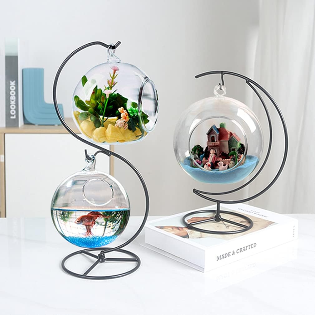 Hanging Stand Iron S-Shape Display Stand for Planter Terrarium Witch Ball Christmas Ornament (Black, 3 Levels)