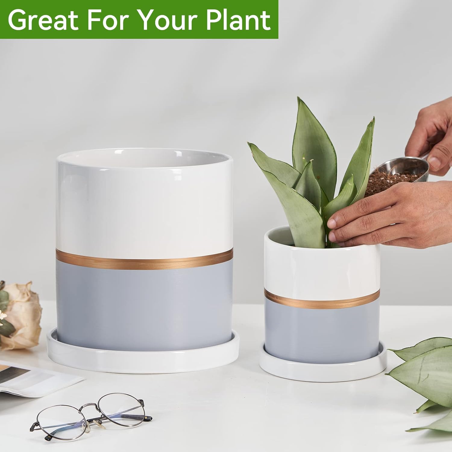 Ekirlin 4 inch Plant Pot - Ceramic Flower Planters Indoor - Modern Succulents Containers with Drain Hole Saucer, Decorate Home, Office & Outdoor (Grey)