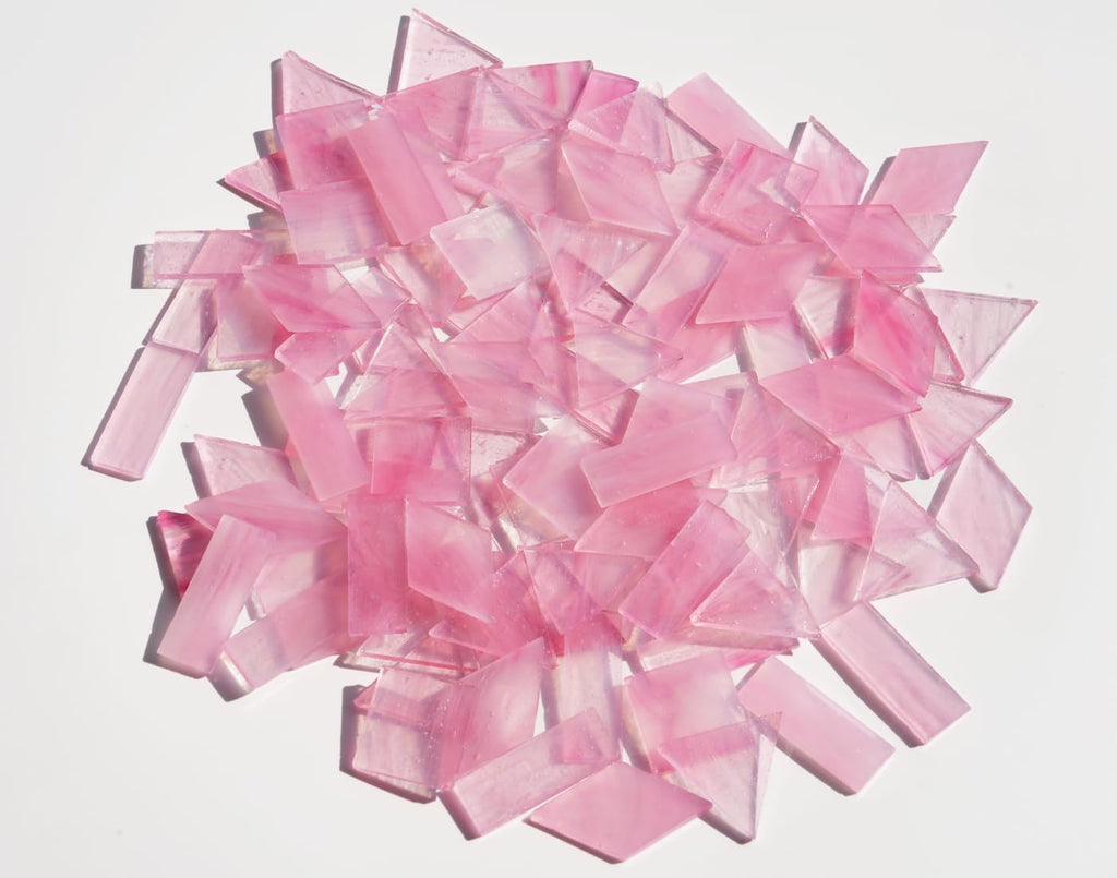 Crisp Texture Transparent Glass Mosaic Tiles, 200g Stained Glass Pieces, 4 Shapes Pre-Cut, Misty Pink