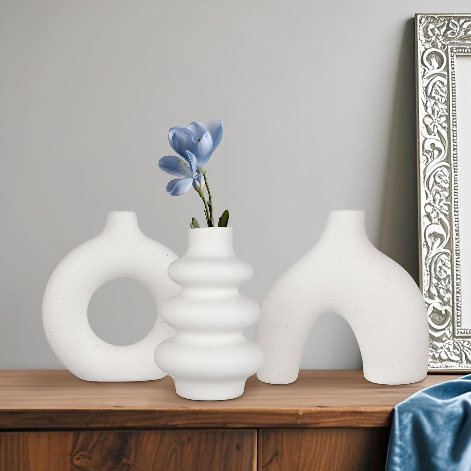 Ceramic Vase Set of 3, Small Flower Vase for Home Decor, Decorative Vases for Pampas Grass & Dried Flowers, Living Room, Bedroom, Bathroom, Shelf Centerpiece Table Decorations