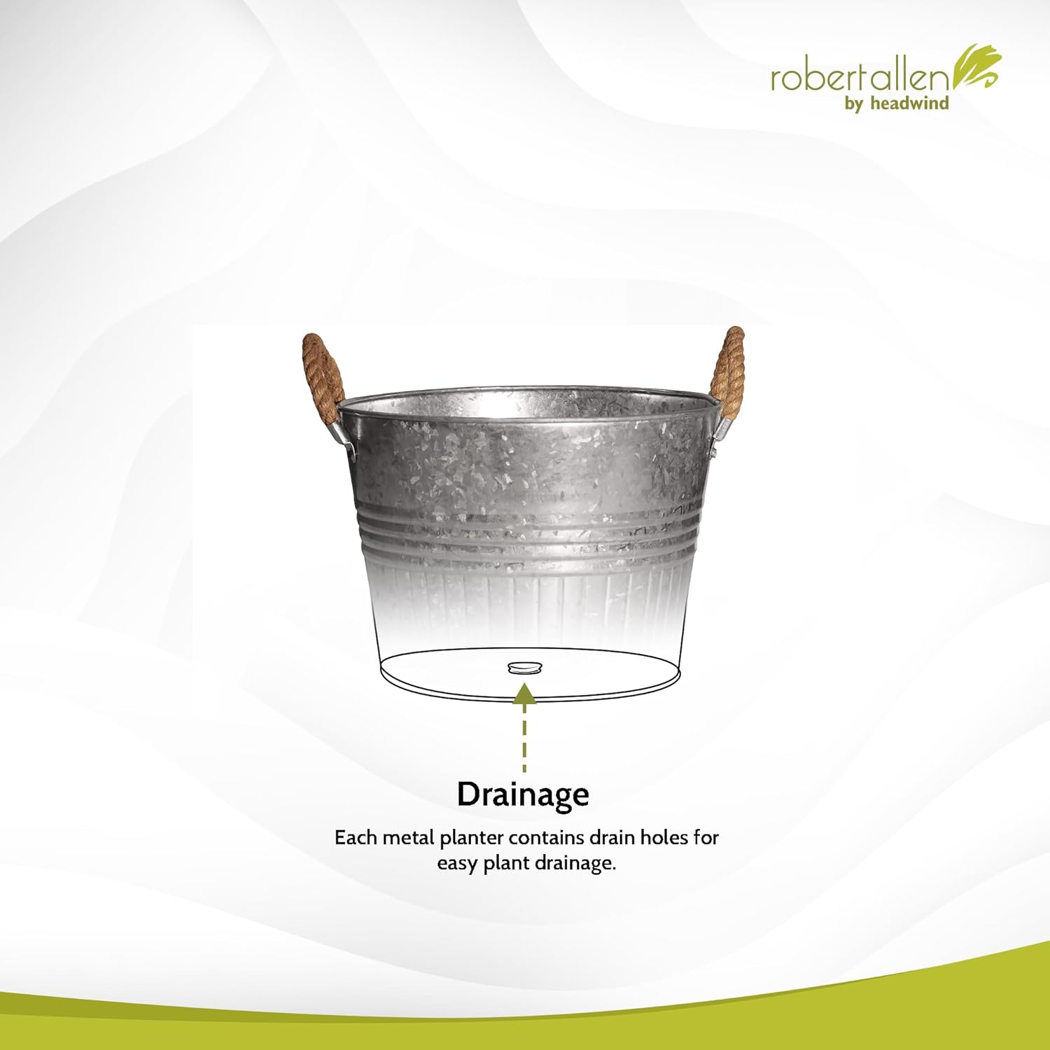 Headwind Round Galvanized Bucket w/Rope Handles – 6 Inch Metal Tub Bucket Planter for Outdoor Plants with Drainage Hole – Galvanized Large Outdoor Planters Buckets by Robert Allen