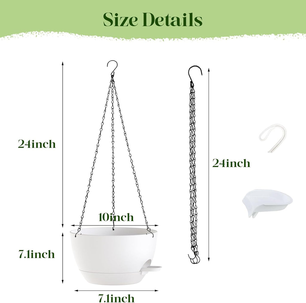 10 Inch Hanging Planters with Chains 2 Pack Self Watering White Plastic Hanging Pots for Indoor Outdoor Plants, Garden Porch Home Decor (White)