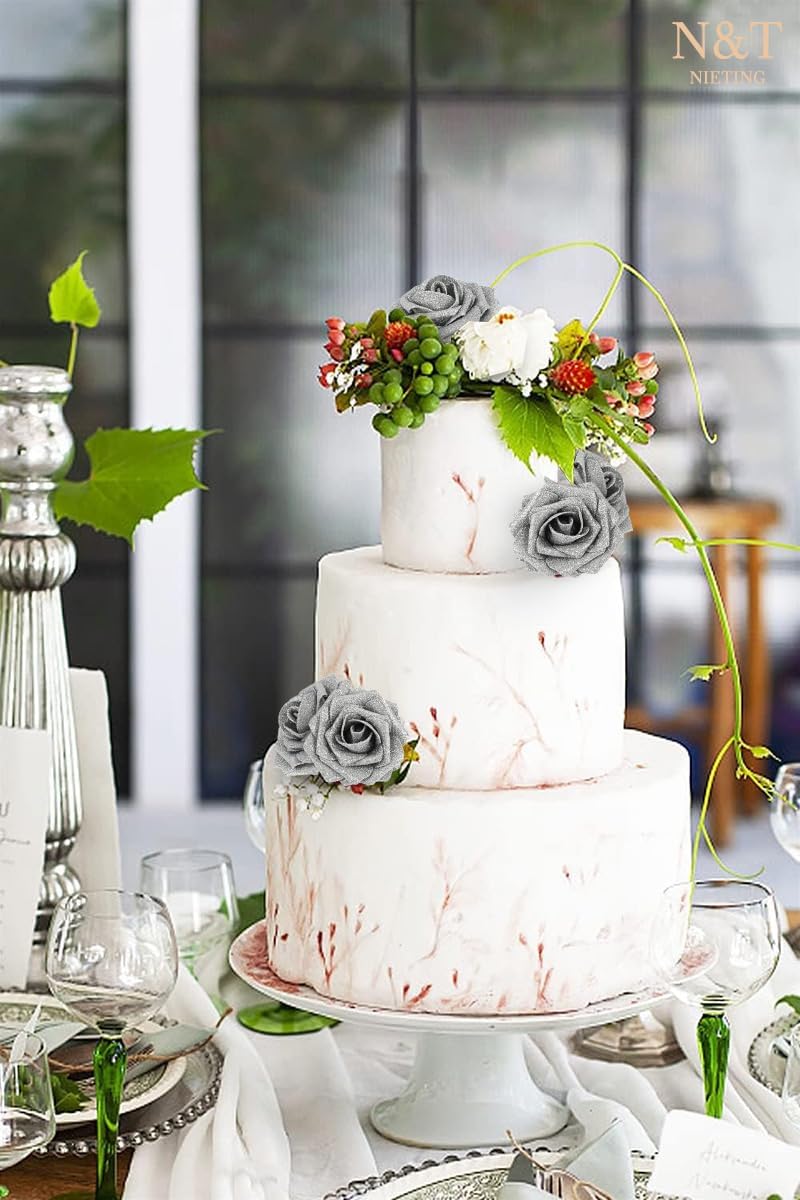 N&T NIETING Artificial Flowers Glowing Silver Flowers Foam 25pcs Glitter Roses Real Looking Fake Roses with Stem for DIY Wedding Bouquets Centerpieces Bridal Shower Party Home Decorations