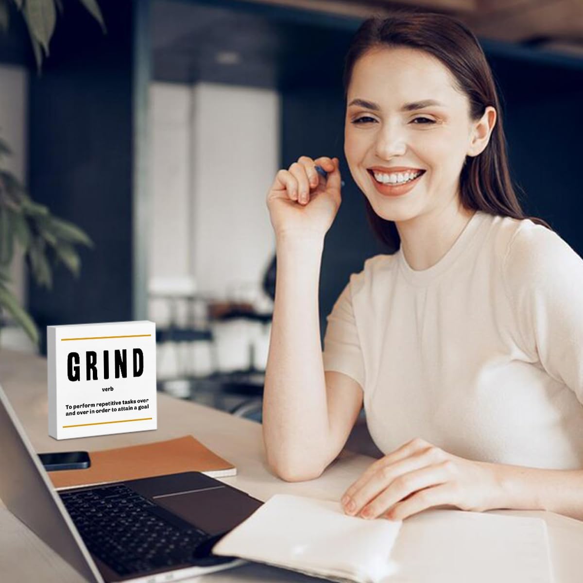 Grind Definition Entrepreneur White Wooden Box Sign, Inspirational Office Decor Decorative Table Shelf Desk Decor, Rustic Workplace Farmhouse Home Cubicle Decor Office Decorations Desk Accessories